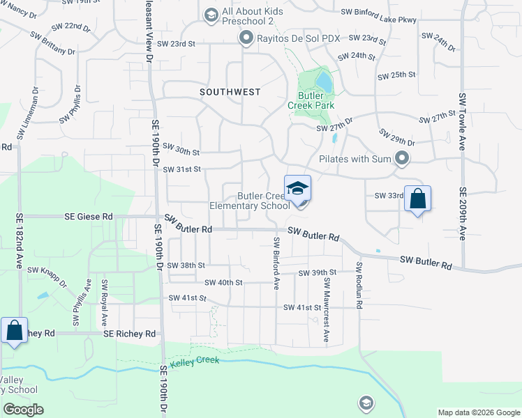 map of restaurants, bars, coffee shops, grocery stores, and more near 3450 Southwest Binford Way in Gresham