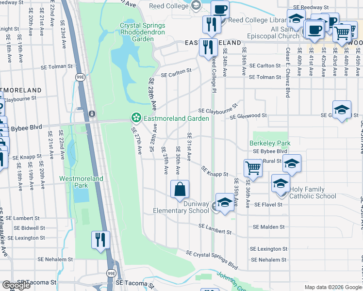 map of restaurants, bars, coffee shops, grocery stores, and more near 7209 Southeast 30th Avenue in Portland