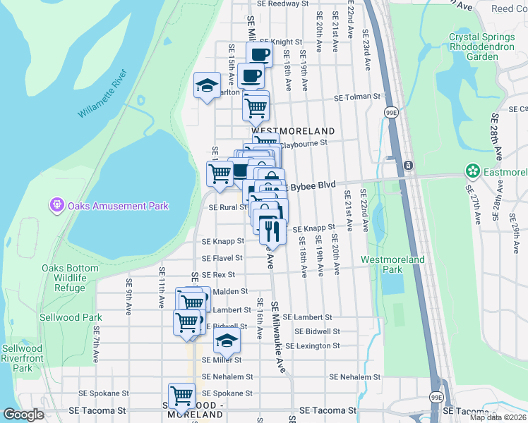 map of restaurants, bars, coffee shops, grocery stores, and more near 7119 Southeast Milwaukie Avenue in Portland