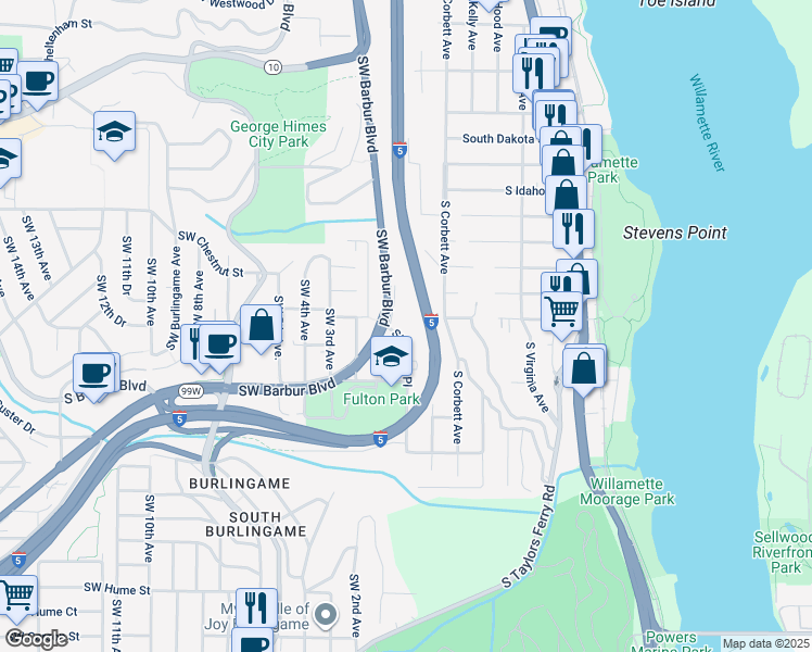 map of restaurants, bars, coffee shops, grocery stores, and more near 7115 Southwest Brier Place in Portland