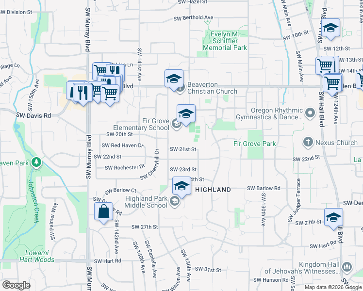 map of restaurants, bars, coffee shops, grocery stores, and more near 13770 Southwest 21st Street in Beaverton