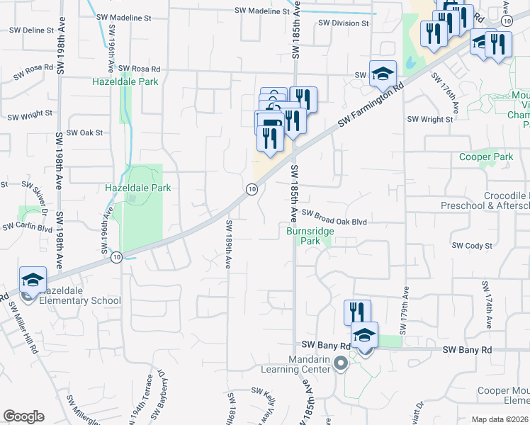 map of restaurants, bars, coffee shops, grocery stores, and more near 18700 Southwest Farmington Road in Beaverton
