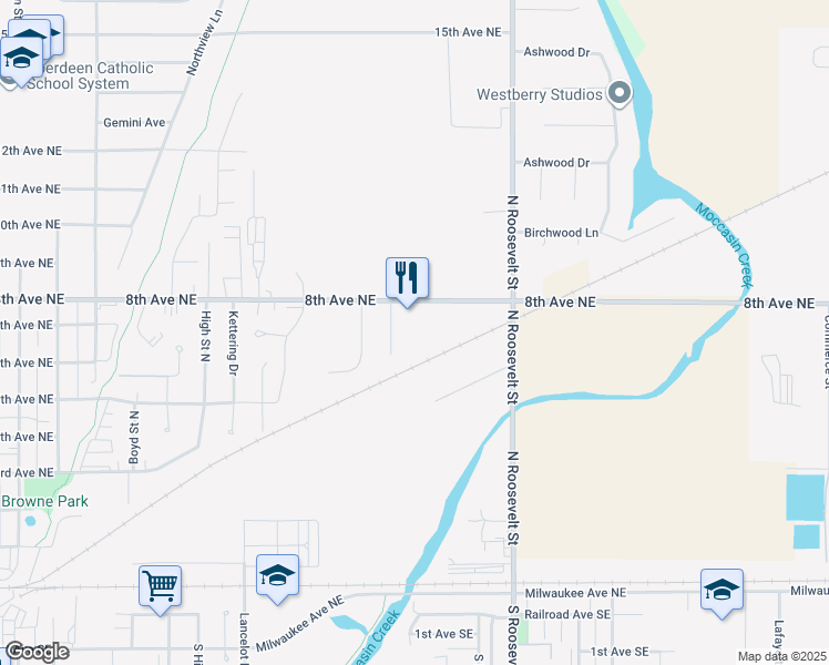 map of restaurants, bars, coffee shops, grocery stores, and more near 612 West Paramount Drive in Aberdeen