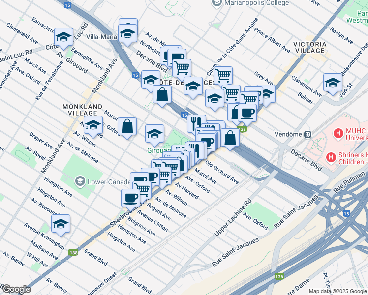 map of restaurants, bars, coffee shops, grocery stores, and more near 3501 Avenue Marcil in Montreal