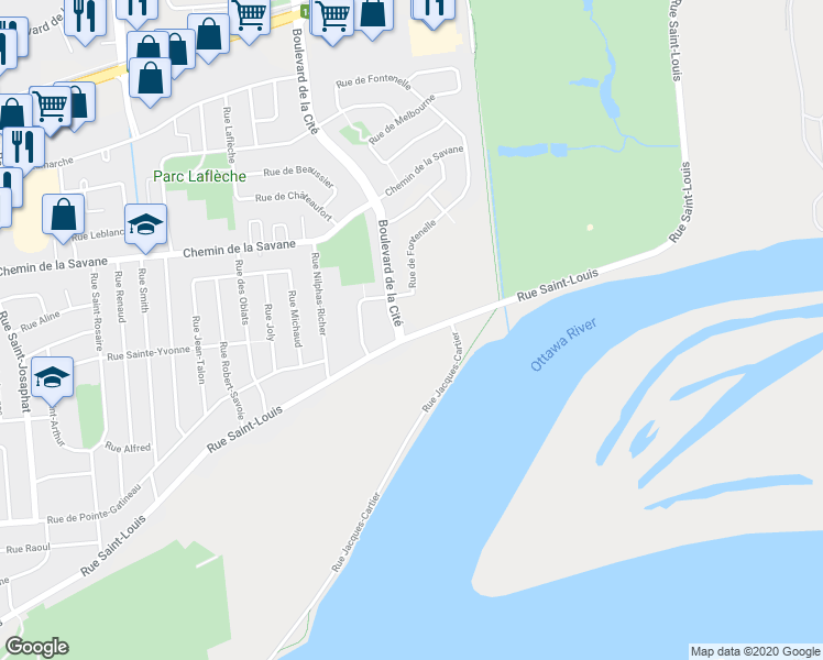 map of restaurants, bars, coffee shops, grocery stores, and more near 645 Rue Saint-Louis in Gatineau