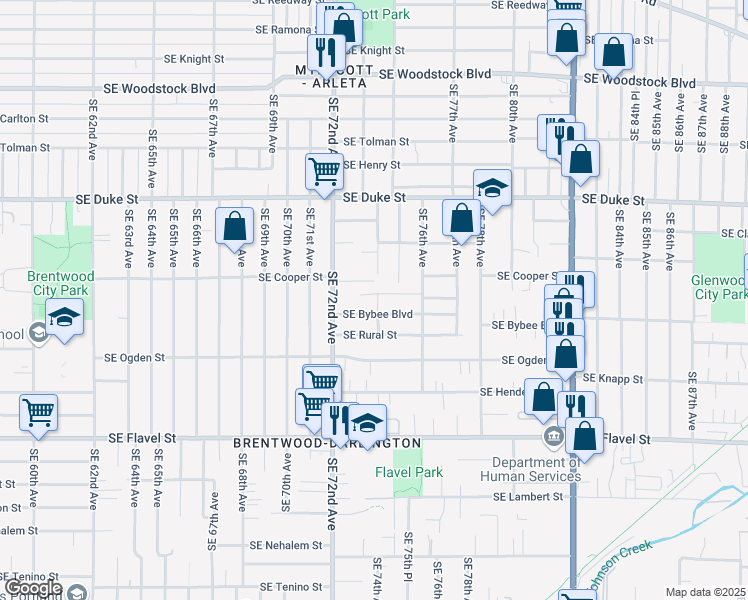 map of restaurants, bars, coffee shops, grocery stores, and more near 7390 Southeast Evergreen Street in Portland
