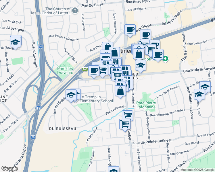 map of restaurants, bars, coffee shops, grocery stores, and more near 27 Rue des Anciens in Gatineau
