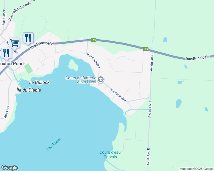 map of restaurants, bars, coffee shops, grocery stores, and more near Rue Southière in Roxton Pond