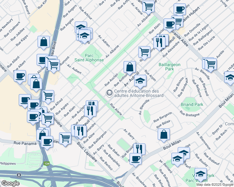 map of restaurants, bars, coffee shops, grocery stores, and more near Avenue Auteuil in Brossard
