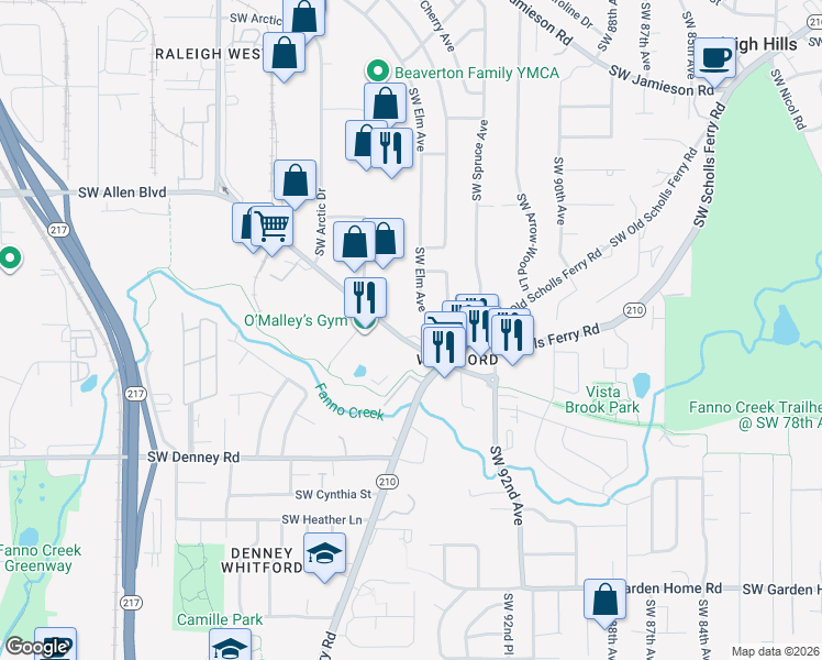 map of restaurants, bars, coffee shops, grocery stores, and more near 9555 Southwest Allen Boulevard in Beaverton