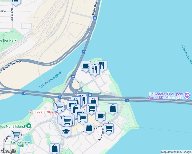 map of restaurants, bars, coffee shops, grocery stores, and more near 111 Chemin de la Pointe Nord in Montréal