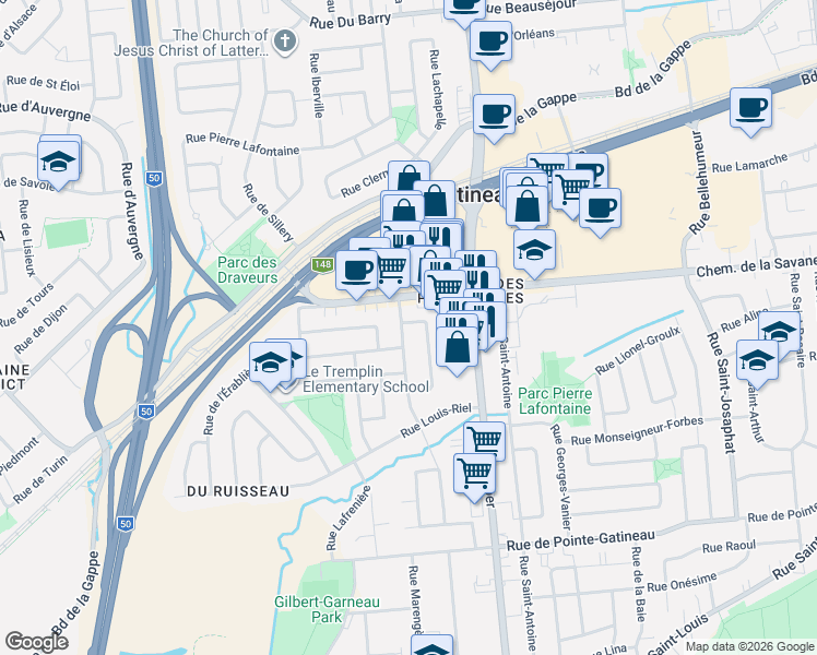 map of restaurants, bars, coffee shops, grocery stores, and more near 27 Rue des Anciens in Gatineau