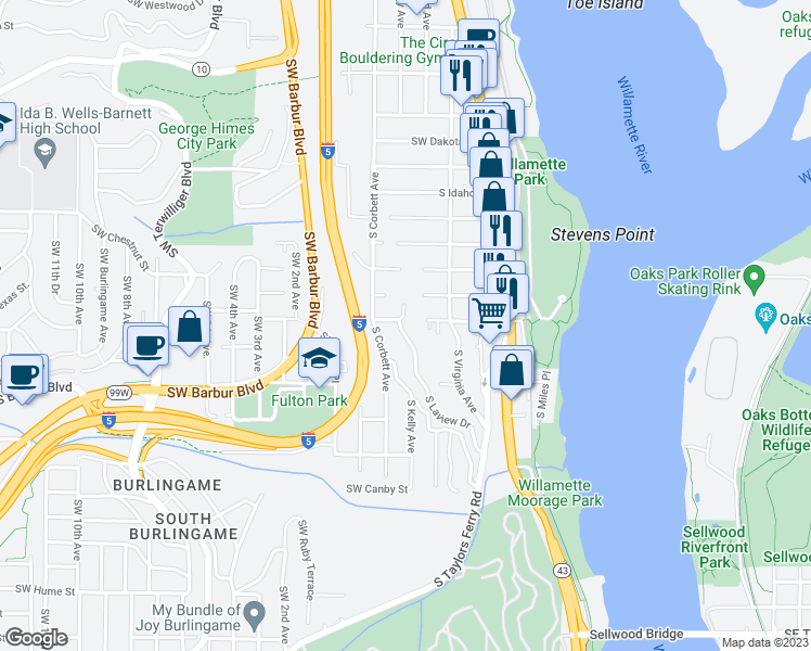 map of restaurants, bars, coffee shops, grocery stores, and more near 7154 Southwest La View Drive in Portland