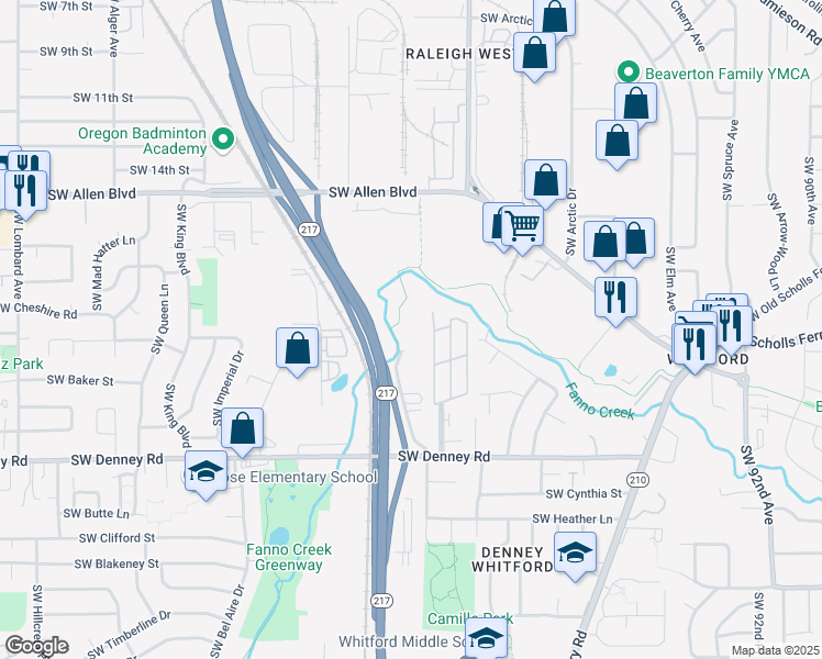 map of restaurants, bars, coffee shops, grocery stores, and more near Fanno Creek Greenway in Beaverton