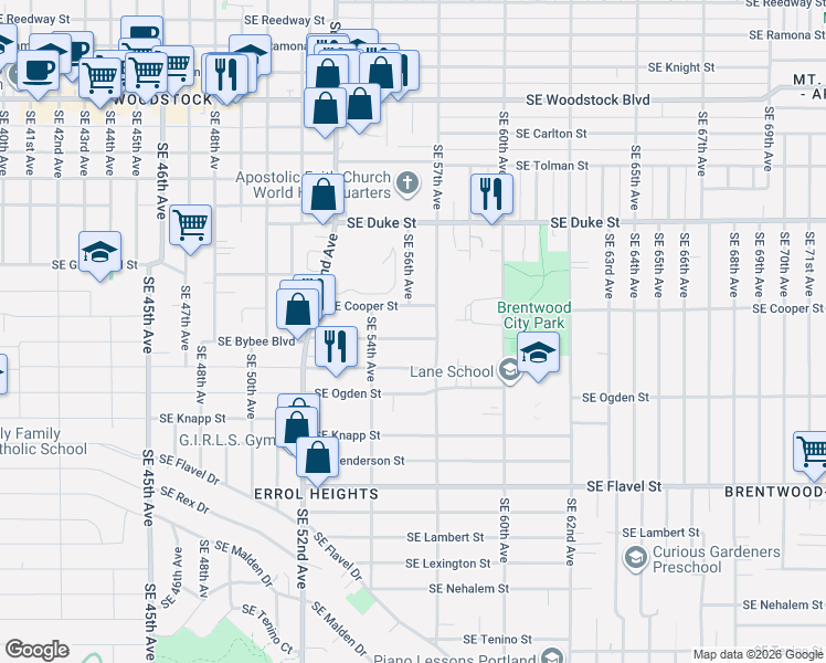 map of restaurants, bars, coffee shops, grocery stores, and more near 5601 Southeast Bybee Boulevard in Portland