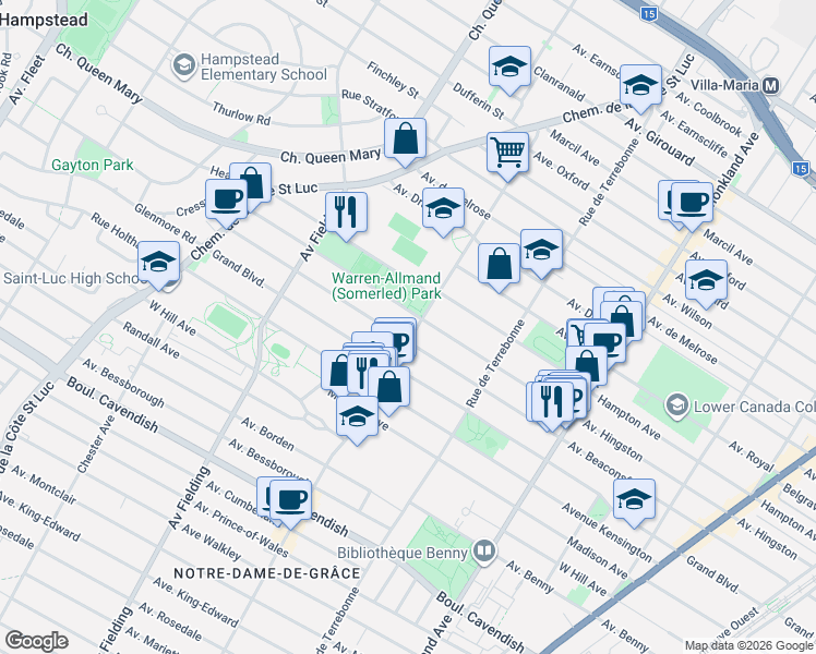 map of restaurants, bars, coffee shops, grocery stores, and more near 6119 Avenue Somerled in Montréal