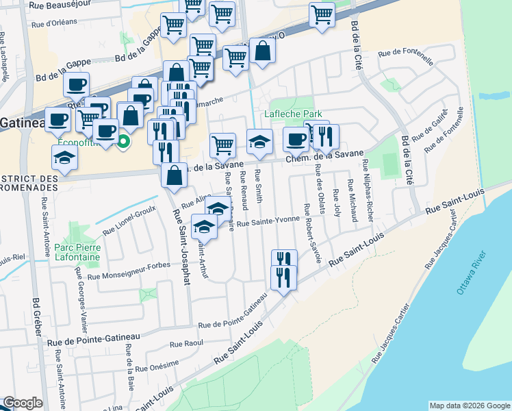 map of restaurants, bars, coffee shops, grocery stores, and more near 44 Rue Smith in Gatineau