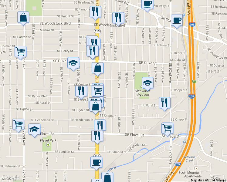 map of restaurants, bars, coffee shops, grocery stores, and more near 6918 Southeast 84th Avenue in Portland