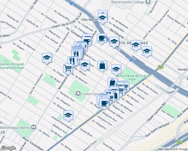 map of restaurants, bars, coffee shops, grocery stores, and more near 4066 Avenue Harvard in Montréal