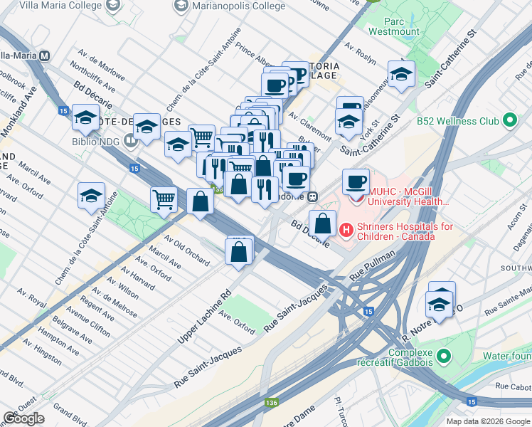 map of restaurants, bars, coffee shops, grocery stores, and more near 5311 Boulevard de Maisonneuve Ouest in Montréal