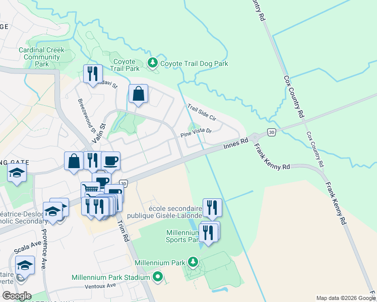 map of restaurants, bars, coffee shops, grocery stores, and more near 284 Trail Side Circle in Ottawa