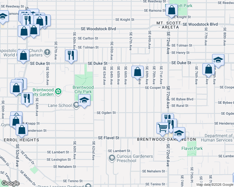 map of restaurants, bars, coffee shops, grocery stores, and more near 6837 Southeast 65th Avenue in Portland