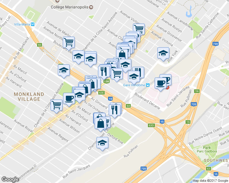map of restaurants, bars, coffee shops, grocery stores, and more near 2184 Avenue Prud'homme in Montréal