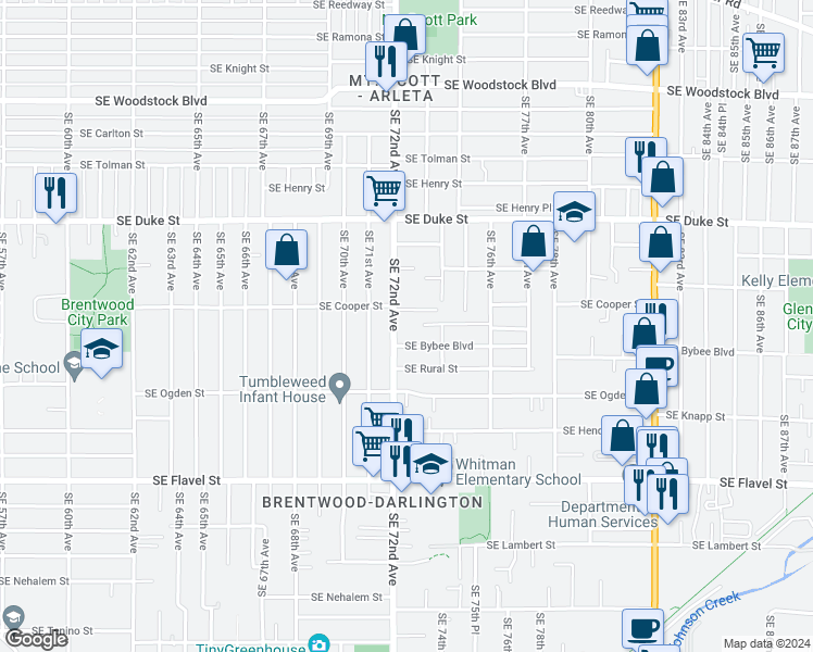 map of restaurants, bars, coffee shops, grocery stores, and more near 6844 Southeast 72nd Avenue in Portland