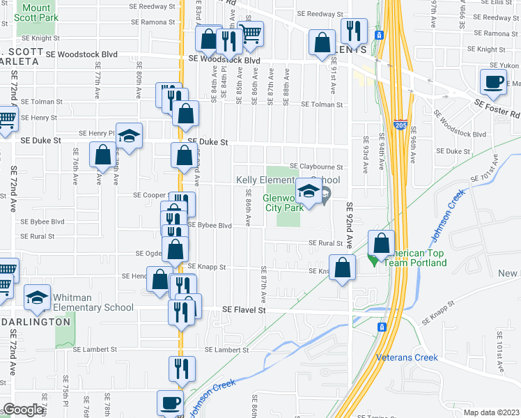 map of restaurants, bars, coffee shops, grocery stores, and more near 6819 Southeast 87th Avenue in Portland