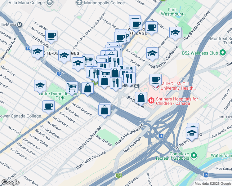 map of restaurants, bars, coffee shops, grocery stores, and more near 5311 Boulevard De Maisonneuve Ouest in Montreal