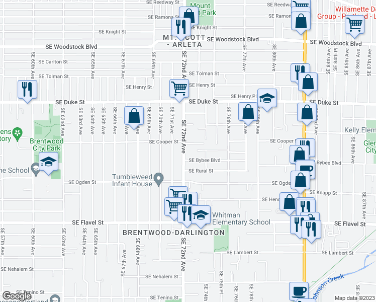 map of restaurants, bars, coffee shops, grocery stores, and more near 6836 Southeast 72nd Avenue in Portland