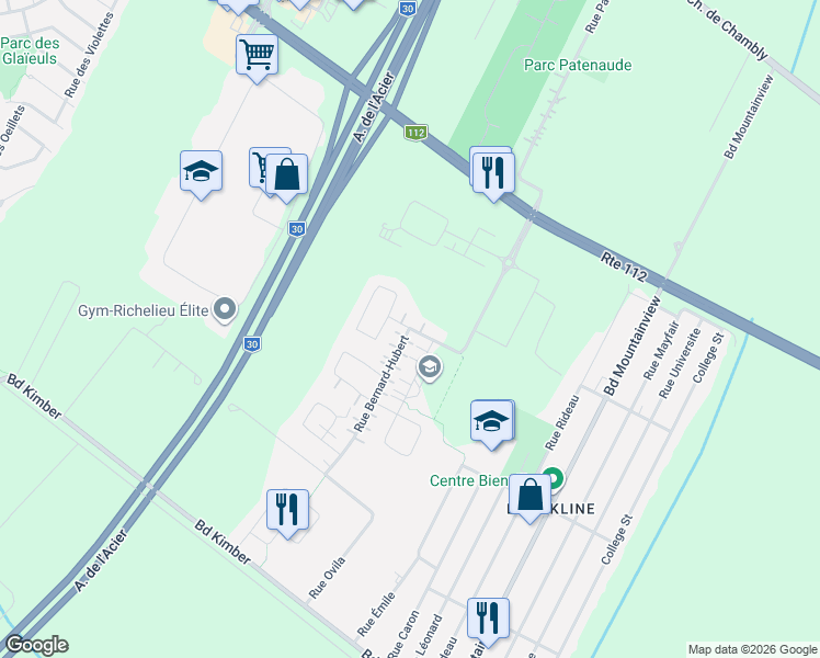 map of restaurants, bars, coffee shops, grocery stores, and more near 3900 Rue Bernard-Hubert in Longueuil