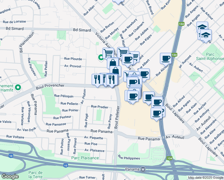 map of restaurants, bars, coffee shops, grocery stores, and more near in Brossard