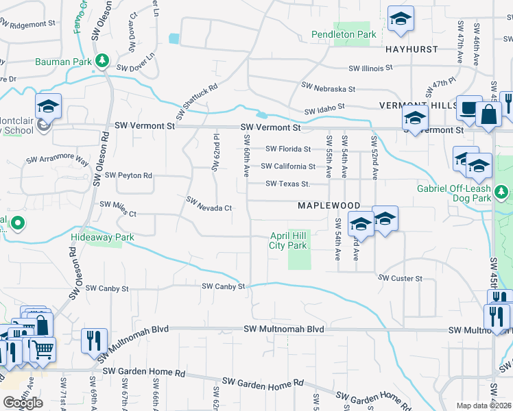 map of restaurants, bars, coffee shops, grocery stores, and more near 5922 Southwest Nevada Court in Portland