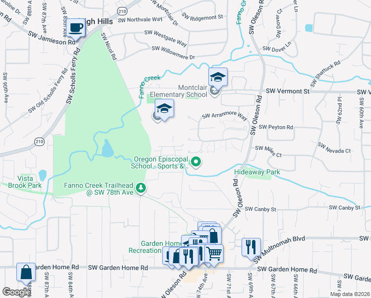 map of restaurants, bars, coffee shops, grocery stores, and more near 6569 Southwest Arranmore Court in Portland
