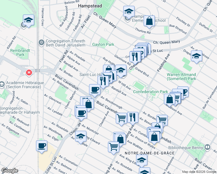 map of restaurants, bars, coffee shops, grocery stores, and more near 5400 Avenue Randall in Montréal