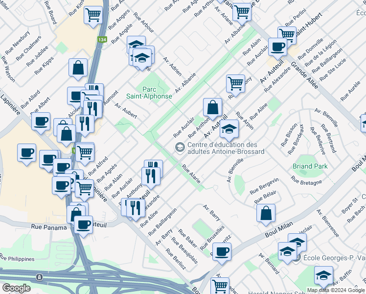 map of restaurants, bars, coffee shops, grocery stores, and more near 5860 Rue Anthony in Brossard