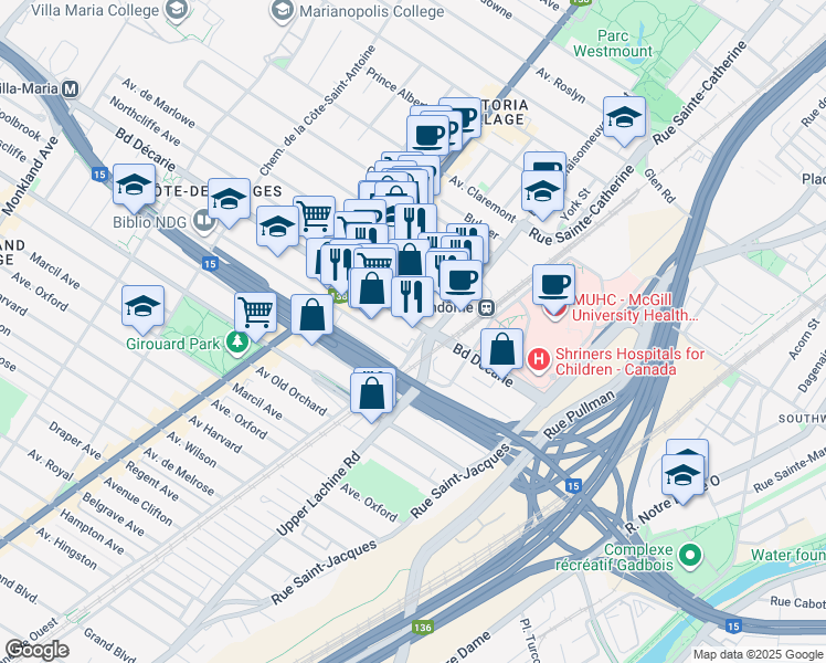 map of restaurants, bars, coffee shops, grocery stores, and more near in Montreal