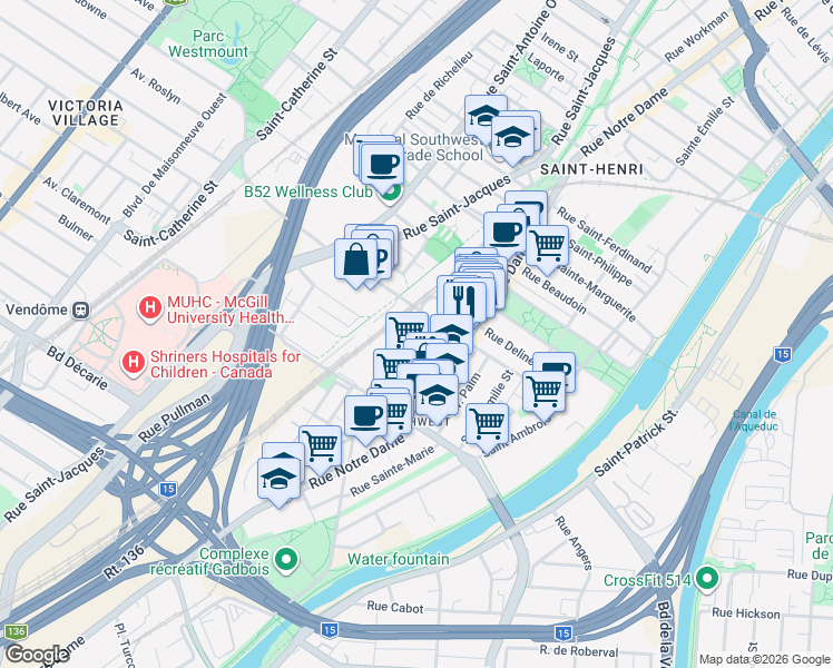 map of restaurants, bars, coffee shops, grocery stores, and more near in Montreal
