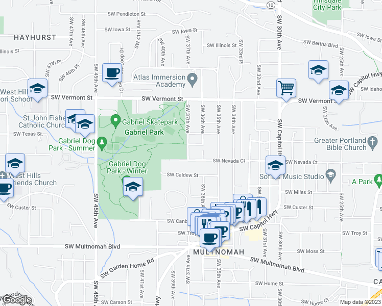 map of restaurants, bars, coffee shops, grocery stores, and more near 7130 Southwest 37th Avenue in Portland