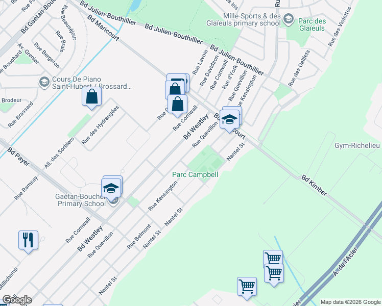 map of restaurants, bars, coffee shops, grocery stores, and more near 4197 Rue Quevillon in Longueuil