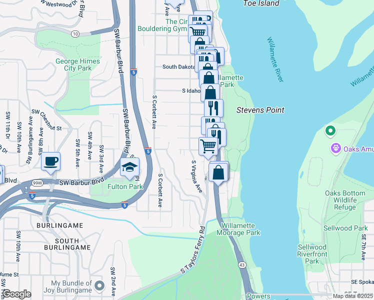 map of restaurants, bars, coffee shops, grocery stores, and more near 0414 Southwest Nevada Street in Portland