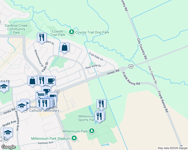 map of restaurants, bars, coffee shops, grocery stores, and more near 284 Trail Side Circle in Ottawa