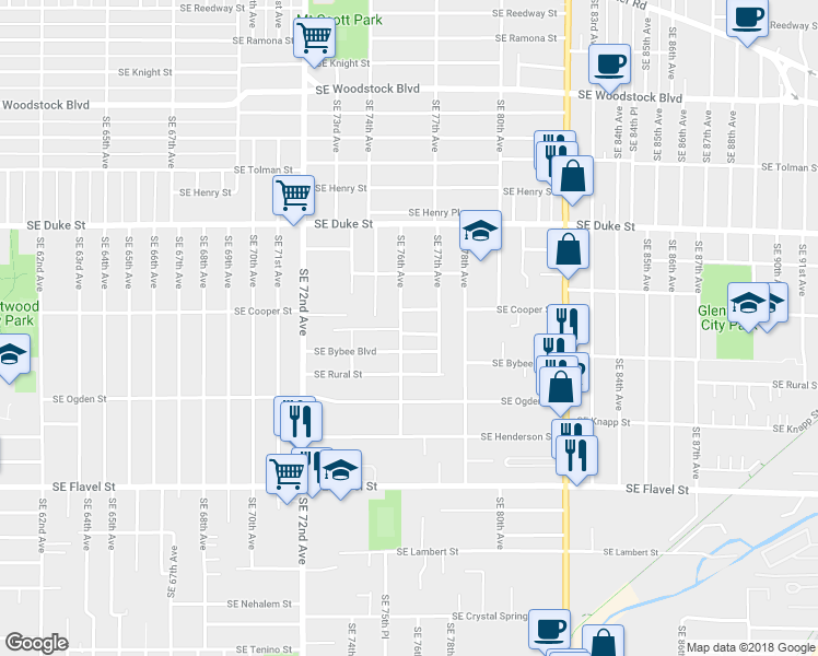 map of restaurants, bars, coffee shops, grocery stores, and more near 7653 Southeast Bybee Boulevard in Portland