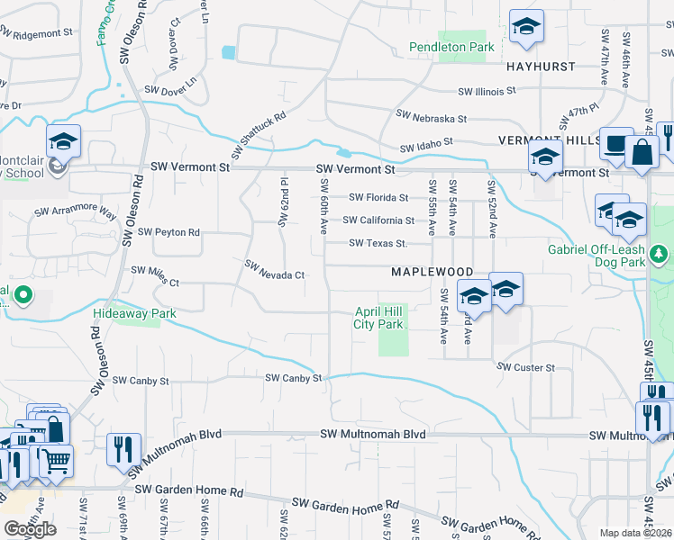 map of restaurants, bars, coffee shops, grocery stores, and more near 5922 Southwest Nevada Court in Portland