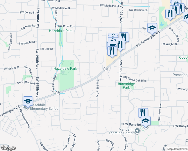map of restaurants, bars, coffee shops, grocery stores, and more near 6525 Southwest 190th Avenue in Beaverton
