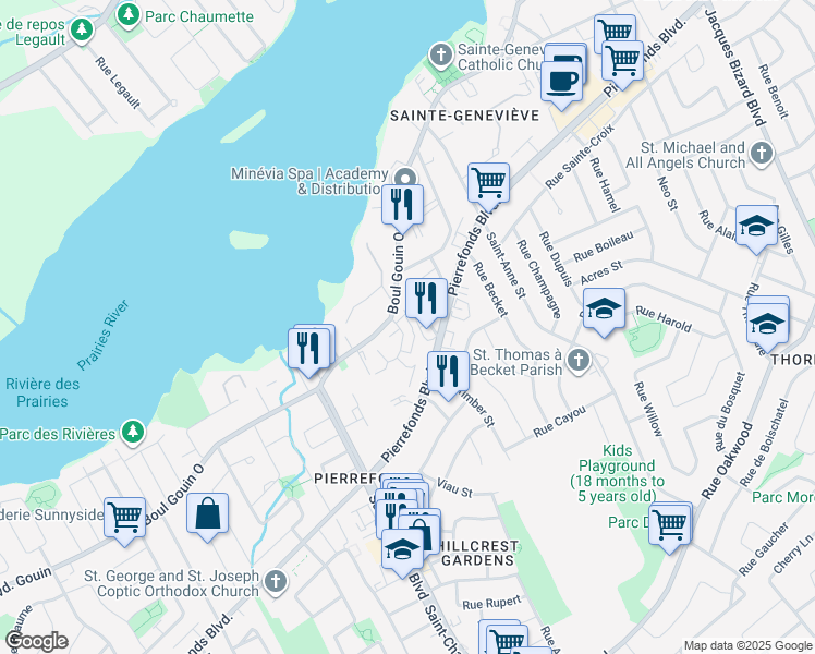 map of restaurants, bars, coffee shops, grocery stores, and more near 17 Rue de Jouvence in Montréal