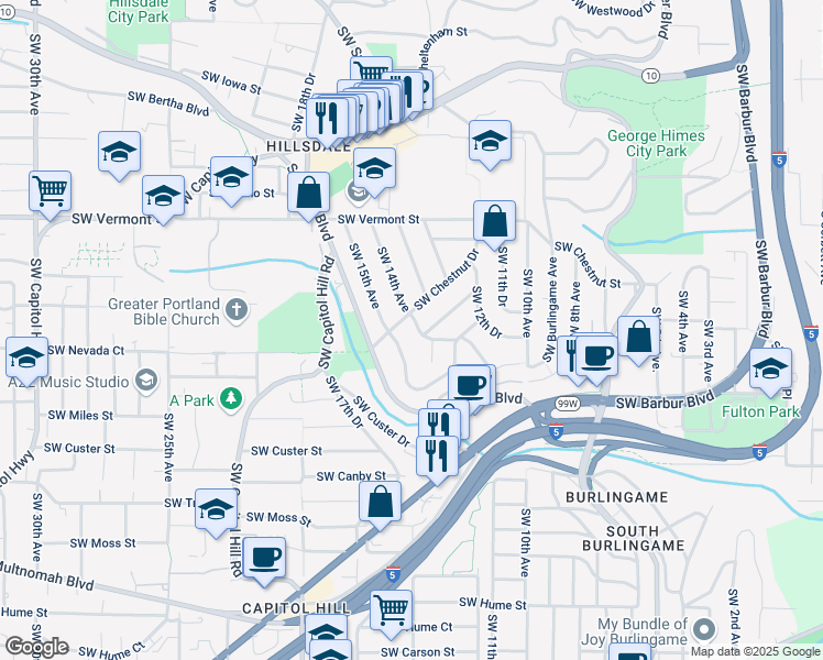 map of restaurants, bars, coffee shops, grocery stores, and more near 7207 Southwest 13th Avenue in Portland
