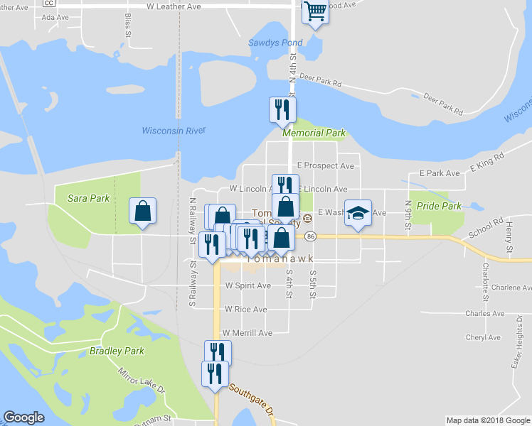 map of restaurants, bars, coffee shops, grocery stores, and more near 199 North 3rd Street in Tomahawk