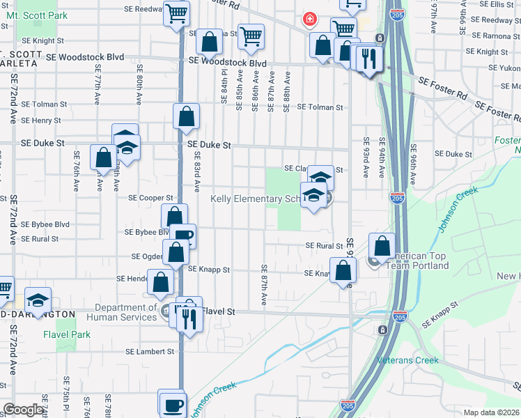 map of restaurants, bars, coffee shops, grocery stores, and more near 6811 Southeast 87th Avenue in Portland